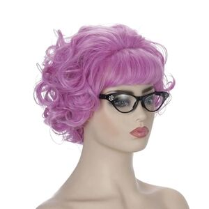 Pink Curly Costume Wig with Black Cat Eye Glasses